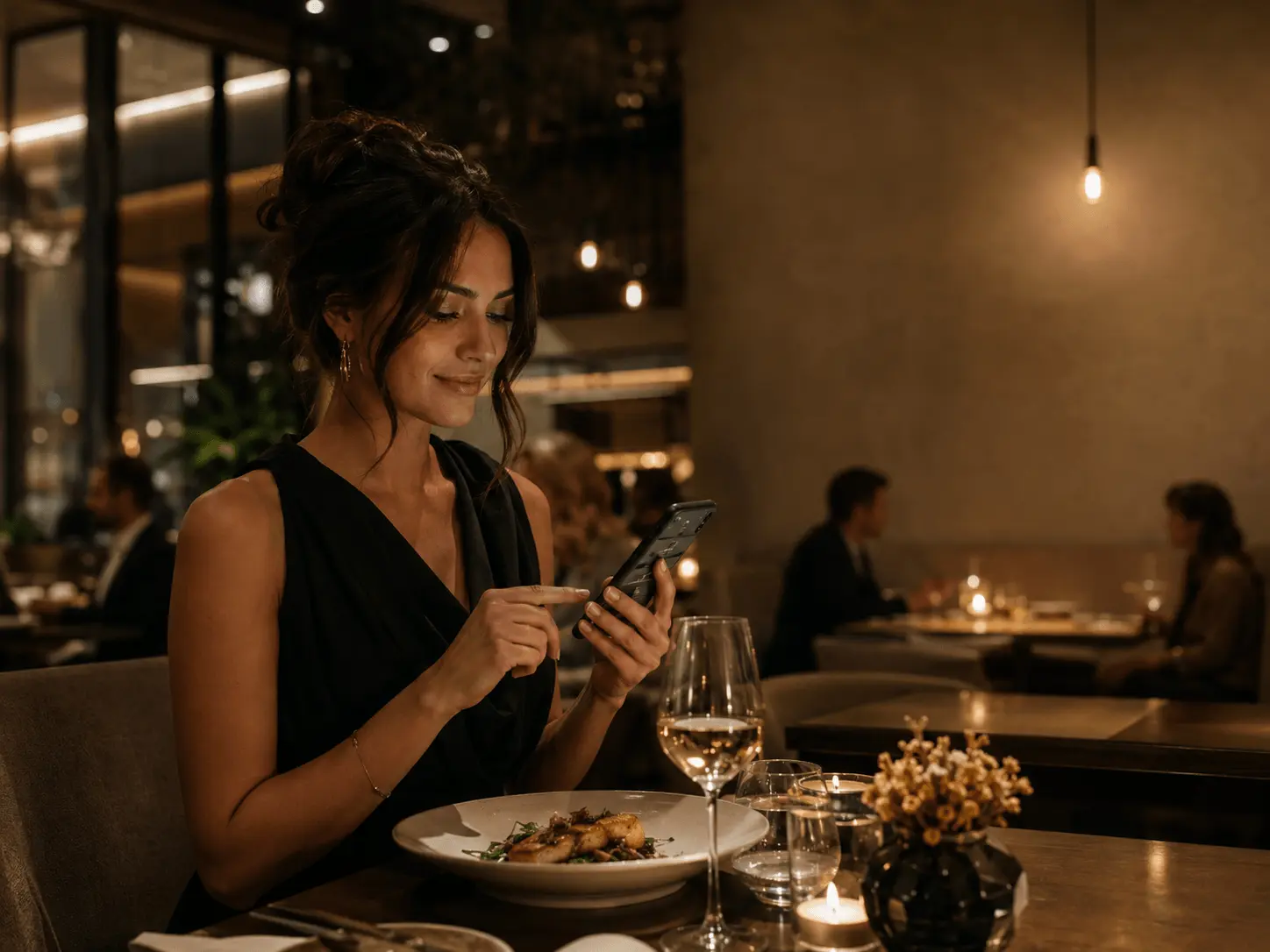 Customer browsing a digital menu inside a premium restaurant
